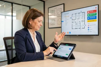 Gestionnaire de copropriété consultant un rapport d'incident sur tablette dans un bureau moderne