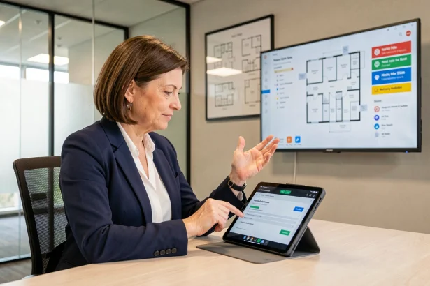 Gestionnaire de copropriété consultant un rapport d'incident sur tablette dans un bureau moderne