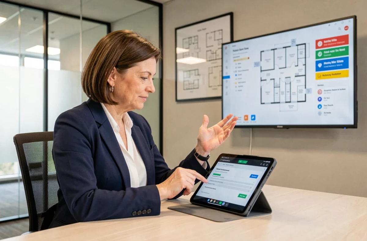 Gestionnaire de copropriété consultant un rapport d'incident sur tablette dans un bureau moderne