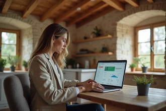 Gestionnaire de gîte utilisant un logiciel de gestion de propriété sur ordinateur portable dans un bureau rustique en pierre