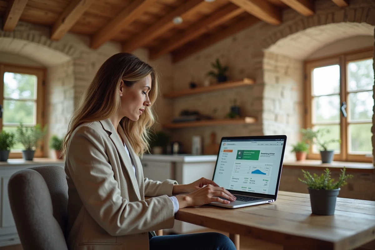 Gestionnaire de gîte utilisant un logiciel de gestion de propriété sur ordinateur portable dans un bureau rustique en pierre