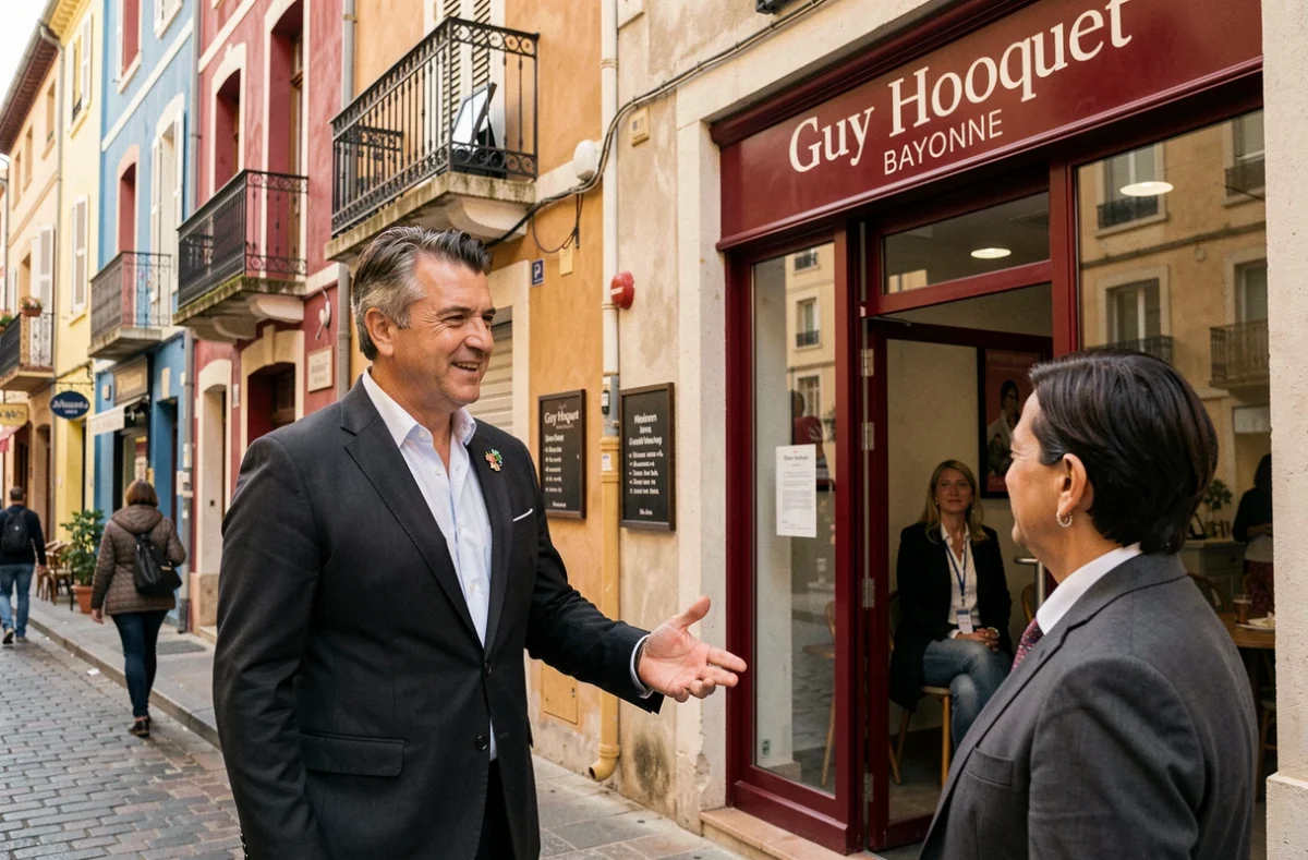 Agent Guy Hoquet Bayonne accueillant un propriétaire à l'entrée de l'agence dans une rue commerçante de Bayonne