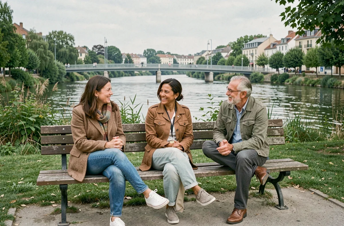 Habitants de Maisons-Alfort se retrouvant dans un parc au bord de la Marne, quartier résidentiel paisible en arrière-plan