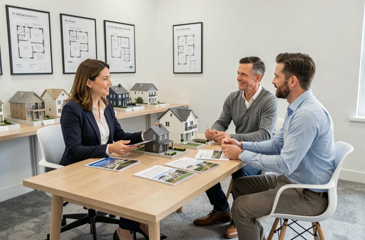 Habitat Concept : conseillère commerciale présentant des plans de maisons à un couple dans un bureau en Eure-et-Loir