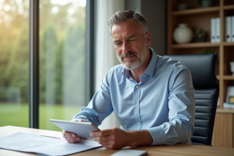 Homme d'affaires en intérieur examine des documents immobiliers