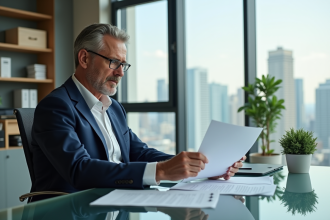 Homme d'affaires en costume bleu lisant des documents dans un bureau lumineux