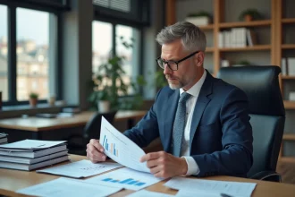 Homme d'affaires en costume examine des graphiques de coûts de construction