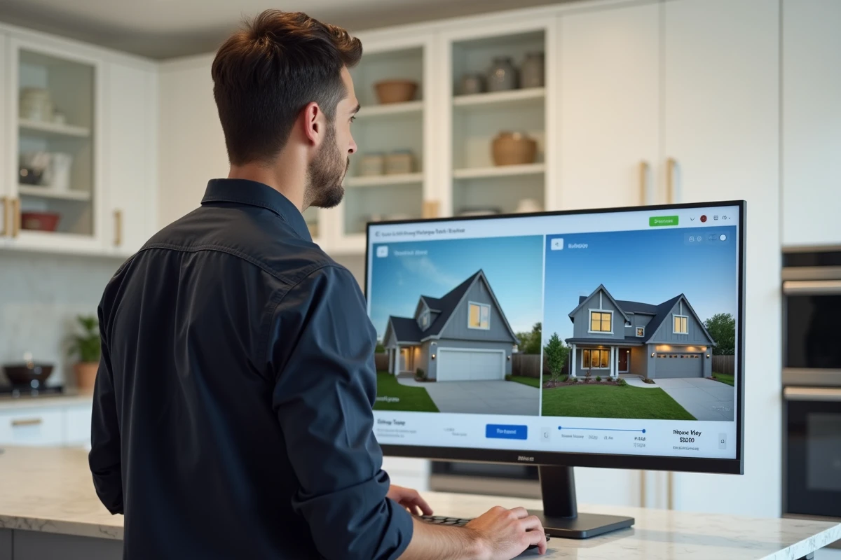Homme analysant une comparaison de plusieurs biens immobiliers sur un écran d'ordinateur dans une cuisine moderne