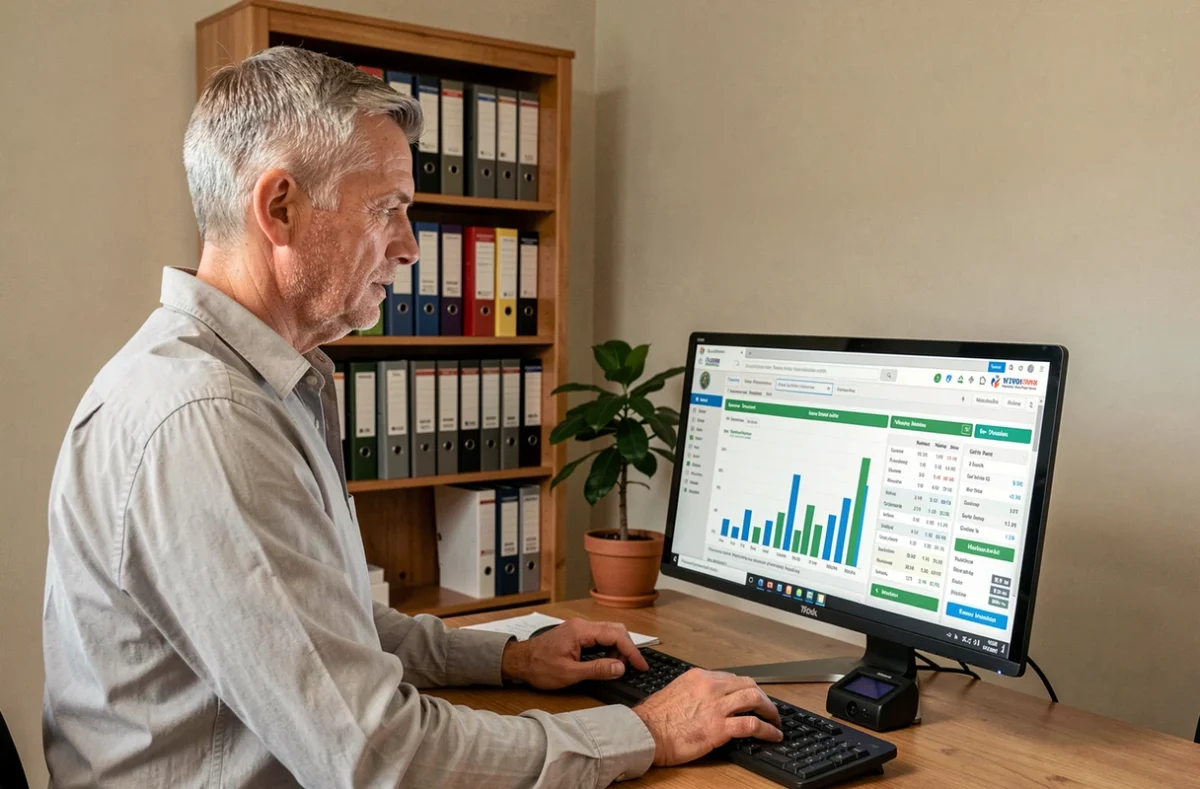 Homme consultant gratuitement un annuaire de copropriétés en ligne sur ordinateur