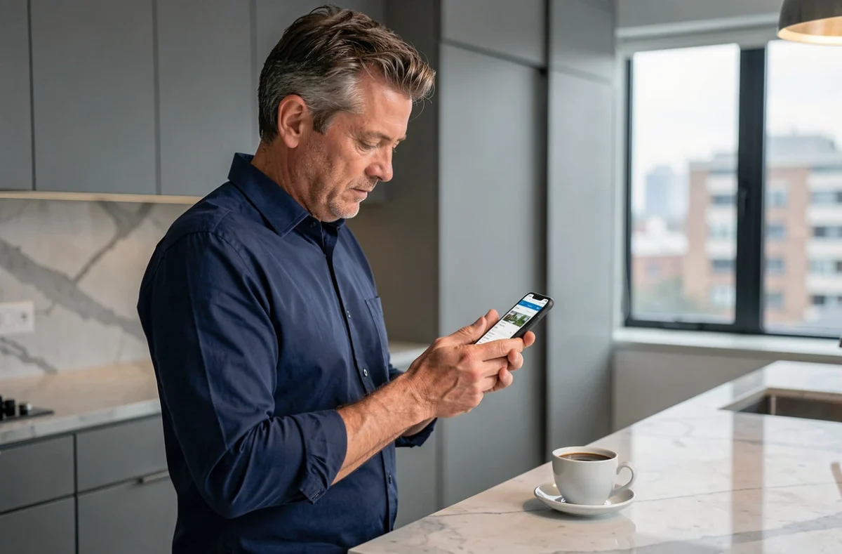 Homme vérifiant ses loyers et charges sur l'application mobile Foncia dans une cuisine moderne