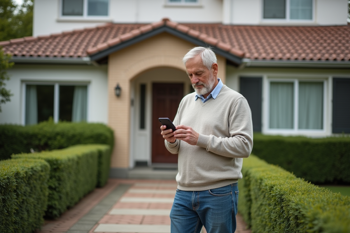 Homme consulte une application de simulation de prêt immobilier