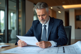 Homme d'affaires en costume bleu examinant des plans architecturaux