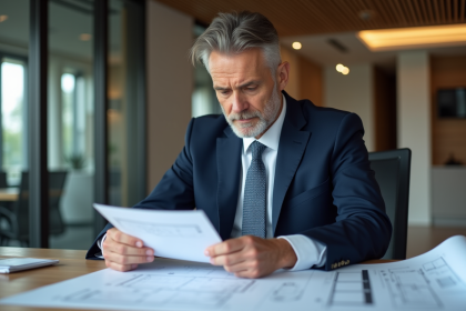 Homme d'affaires en costume bleu examinant des plans architecturaux
