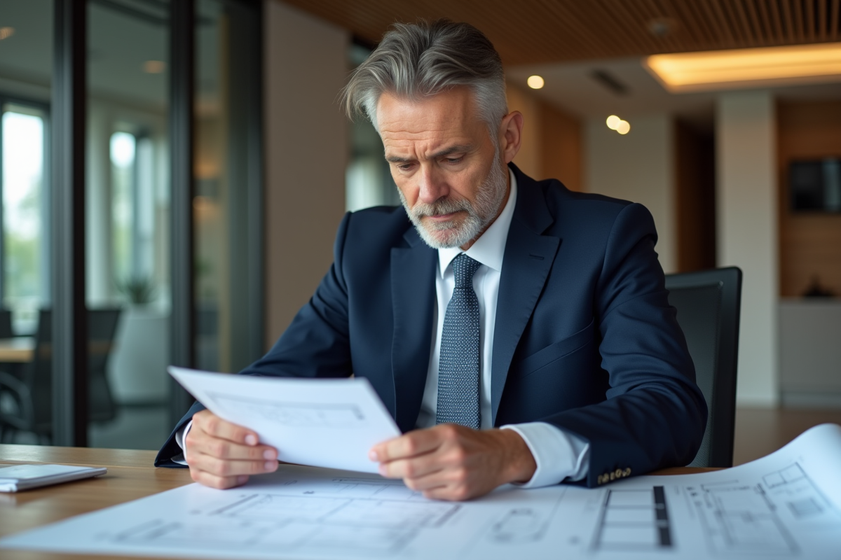 Homme d'affaires en costume bleu examinant des plans architecturaux