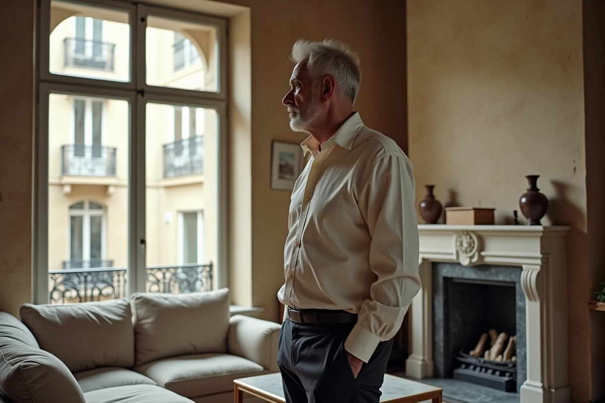 Homme en linen examinant détails architecturaux dans salon lyonnais