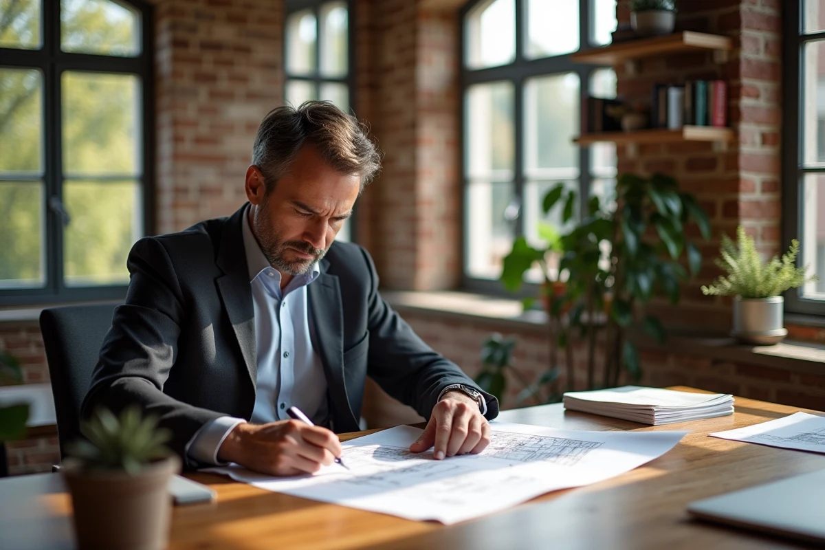 Homme examine des plans architecturaux dans un appartement lyonnais