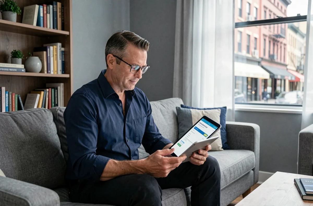 Homme consultant une offre d'assurance habitation en ligne sur sa tablette dans son salon