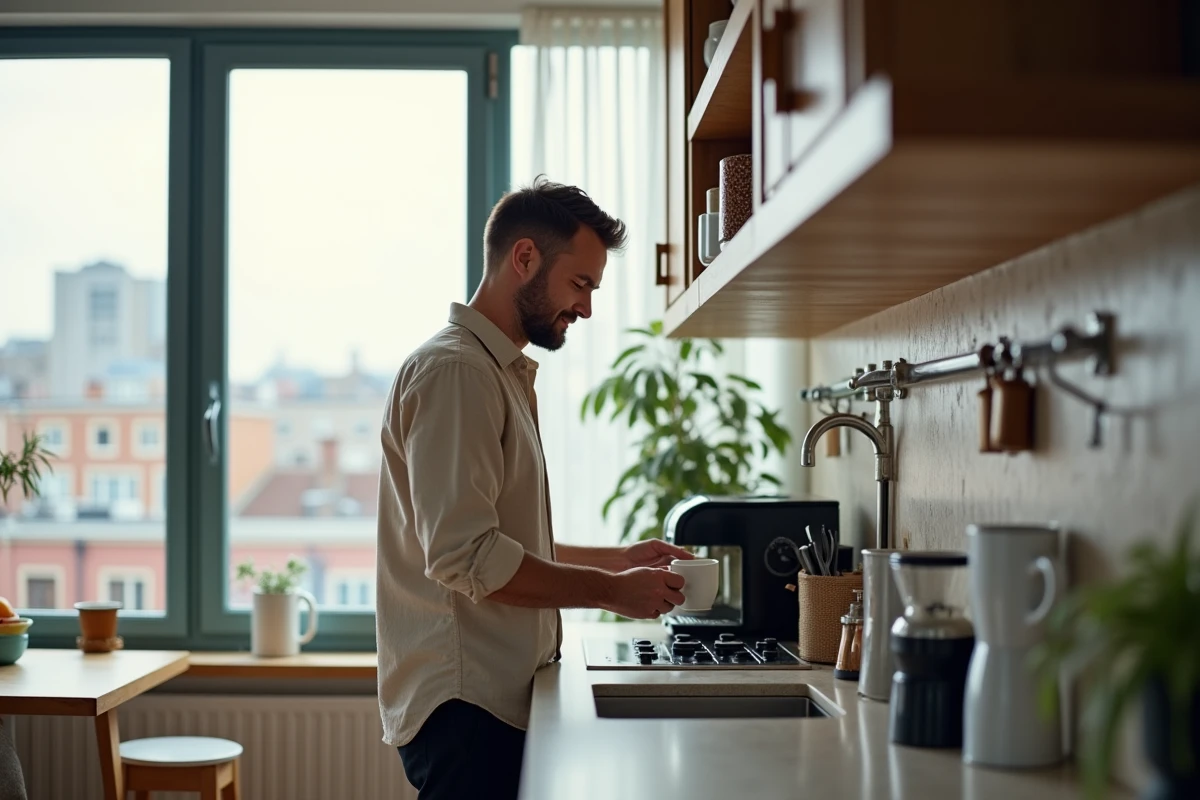 Homme préparant du café dans une cuisine urbaine lumineuse