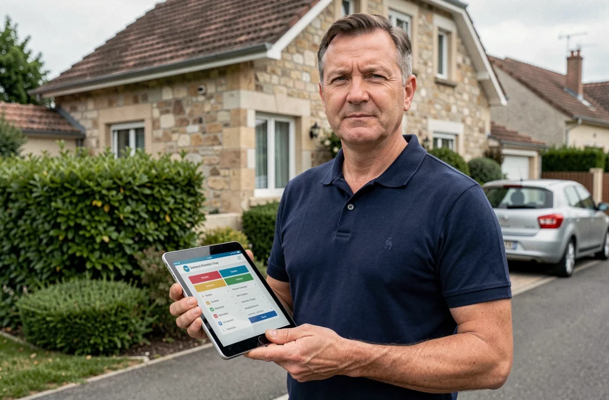 Homme devant une maison individuelle comparant des offres d'assurance habitation sur une tablette
