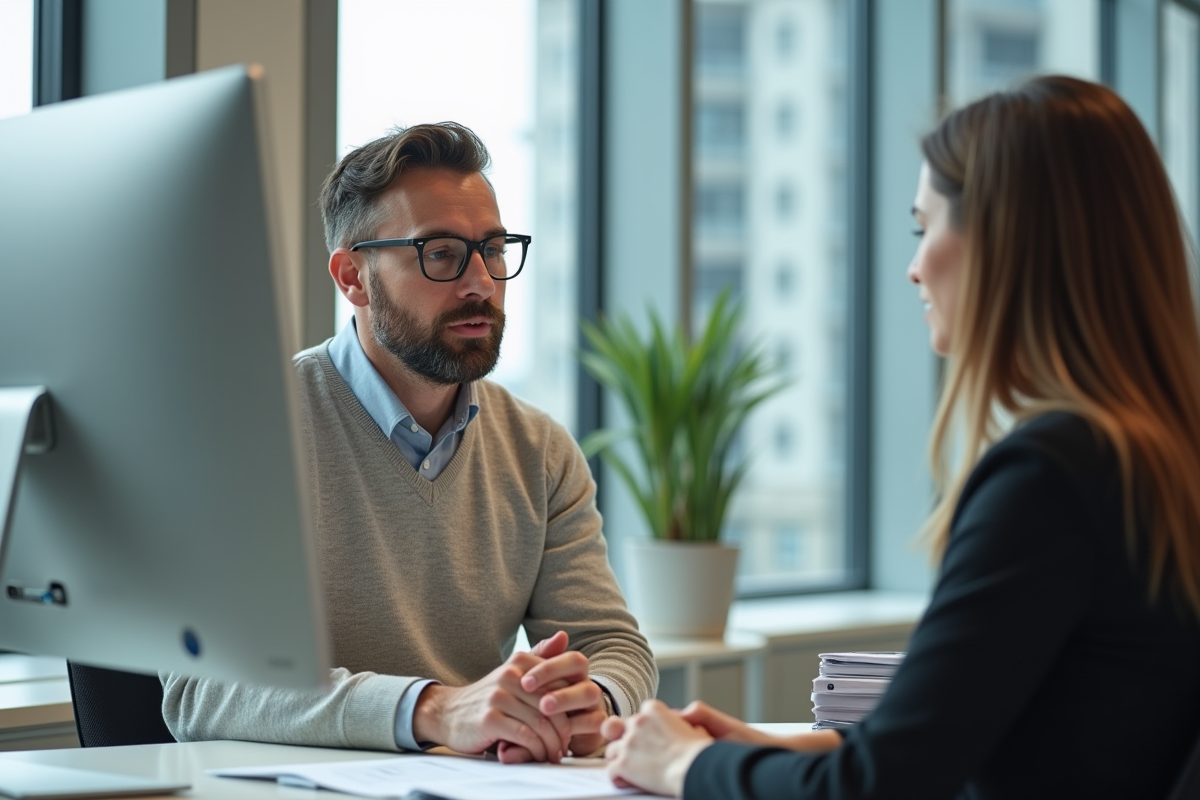 Homme consulte une conseillère en prêt immobilier en bureau