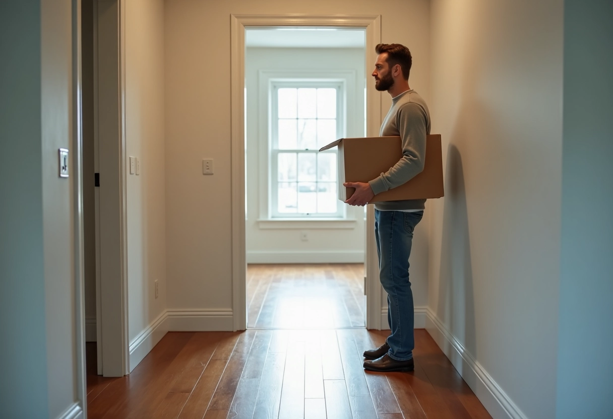 Homme regardant la porte d une maison vide et emballages