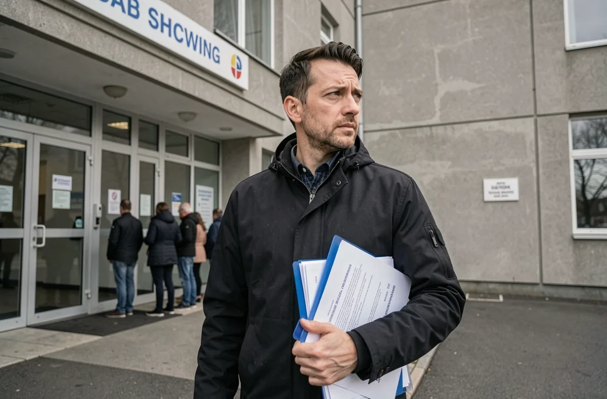 Homme attendant devant un office HLM avec ses dossiers de demande de logement social
