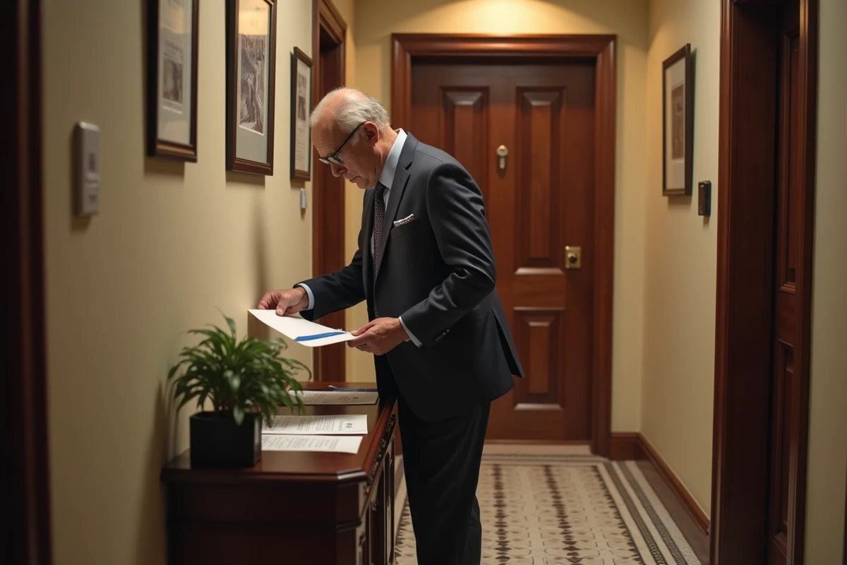 Homme élégant plaçant des documents dans une enveloppe dans le hall