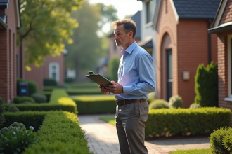Homme d'âge moyen devant une maison de banlieue bien entretenue