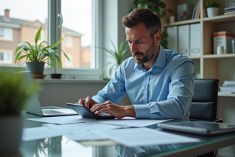 Homme concentré en bureau moderne avec papiers et calculatrice