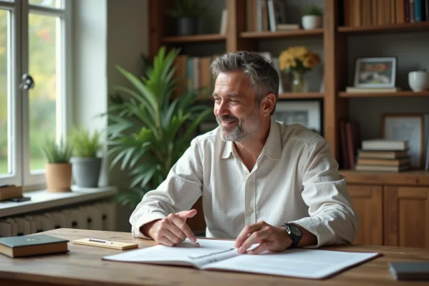 Homme d'âge moyen lisant des documents immobiliers dans un bureau lumineux