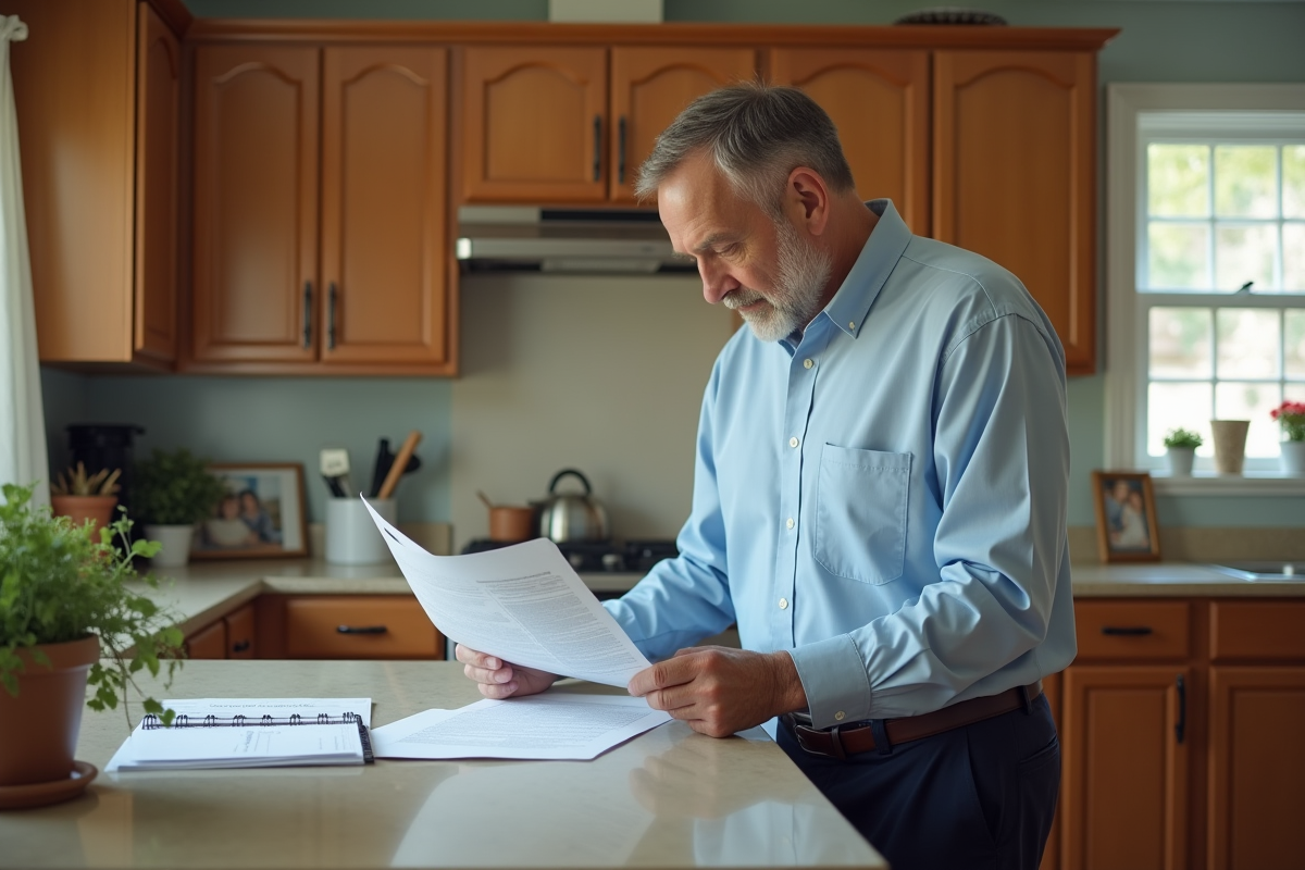 Homme examinant documents de foreclosure dans la cuisine