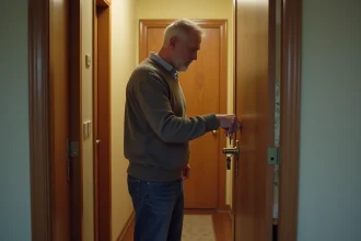 Homme inquiet vérifiant la serrure de sa porte d appartement