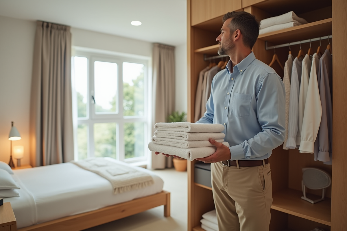 Homme pliant des serviettes dans une chambre lumineuse
