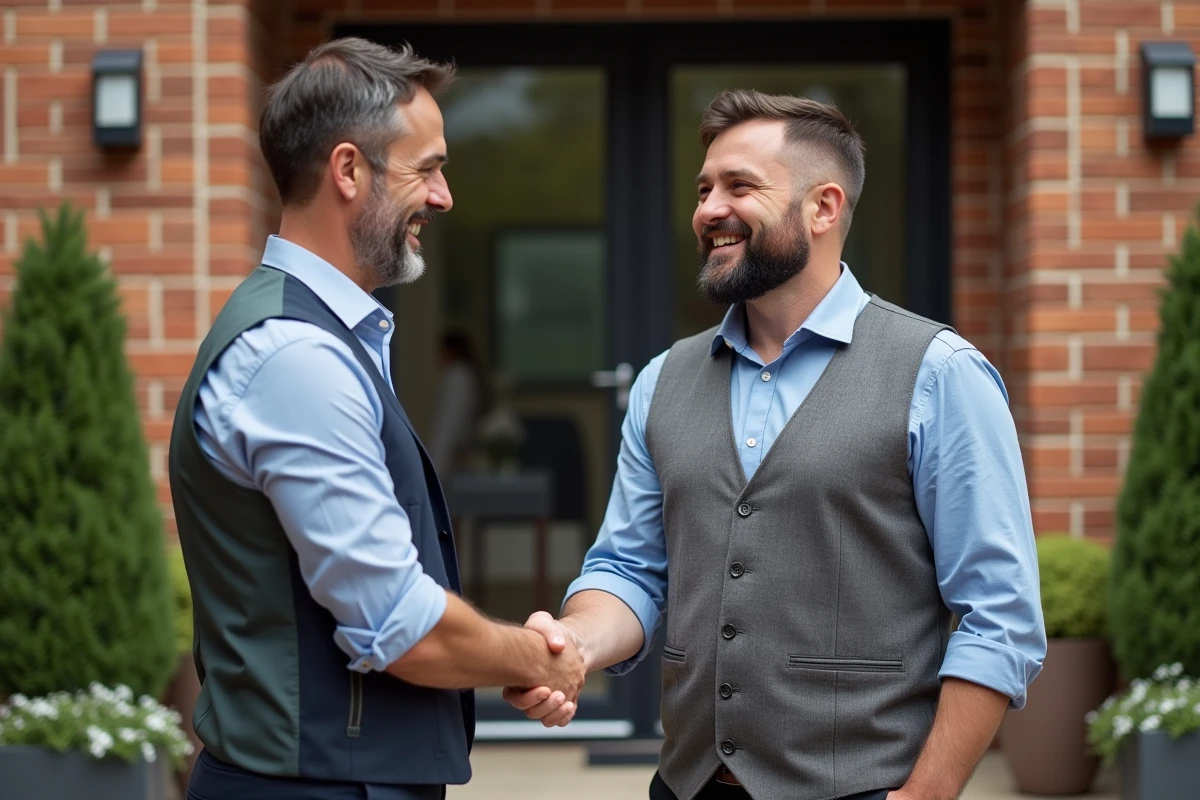 Homme recevant les clés devant un immeuble résidentiel