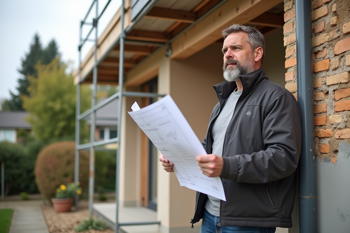 Homme d'âge moyen avec plans de rénovation devant façade en travaux