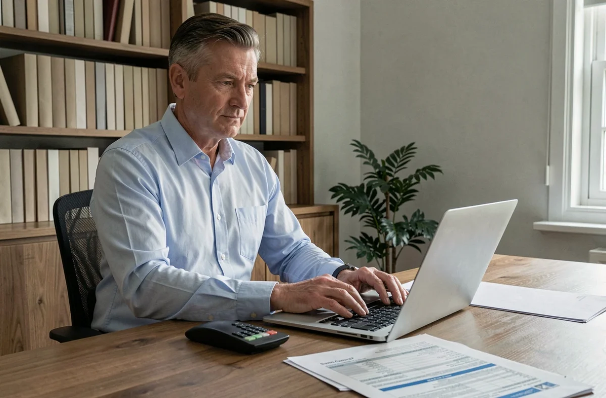 Homme en train de résilier son assurance habitation en ligne depuis son bureau à domicile