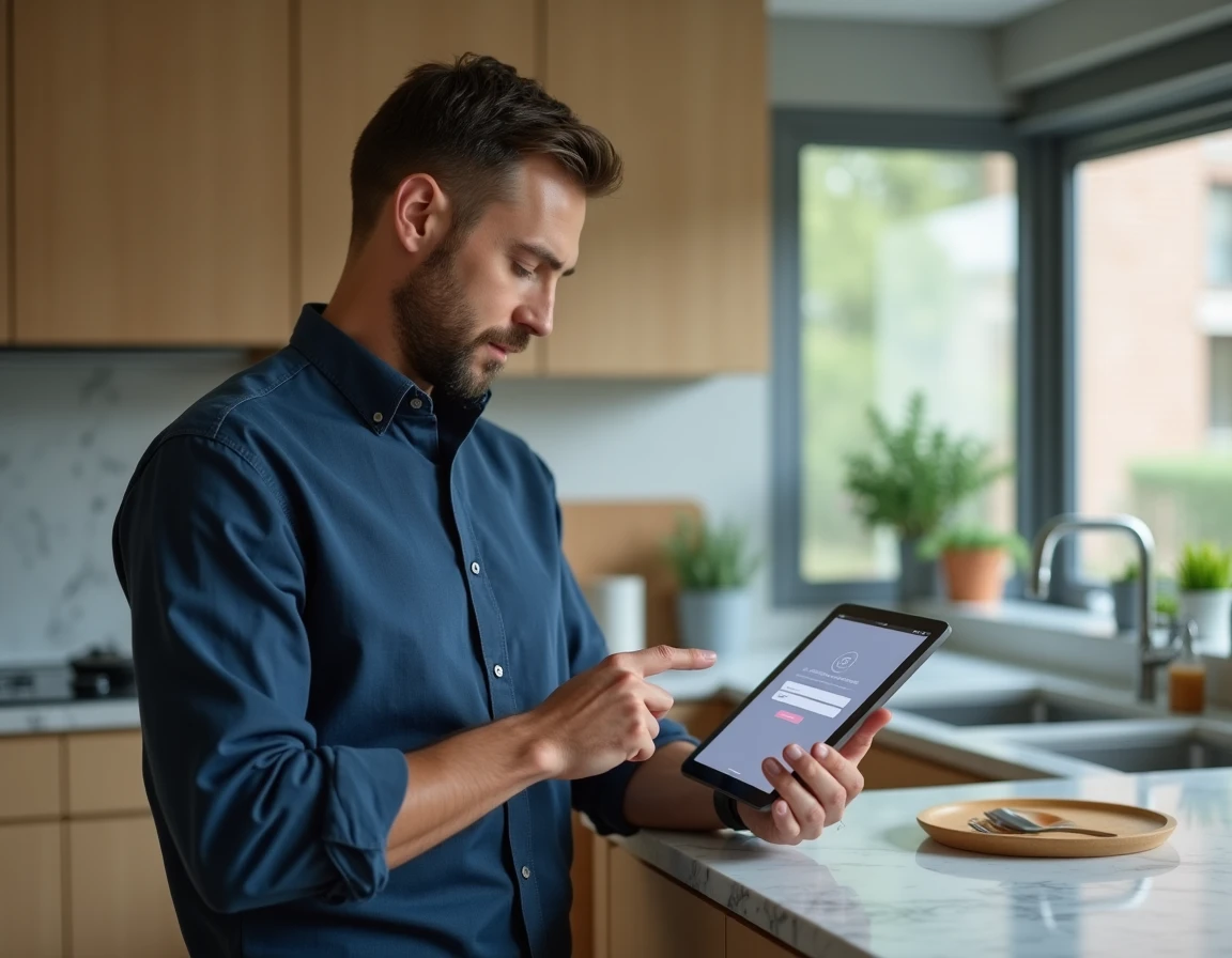 Homme consultant un formulaire de connexion sur une tablette dans une cuisine moderne, pour comprendre les options d'authentification Inli