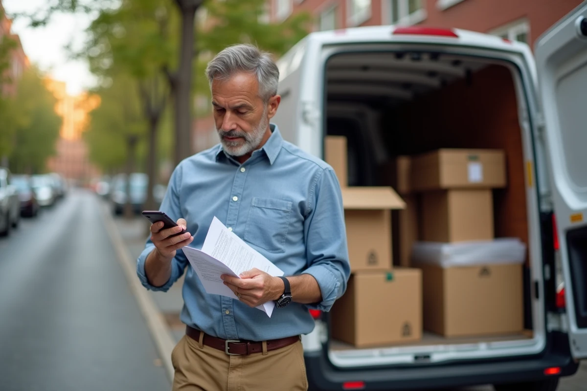 Homme vérifiant une liste et son smartphone près d’un van