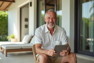 Homme souriant en villa en Thaïlande utilisant une tablette