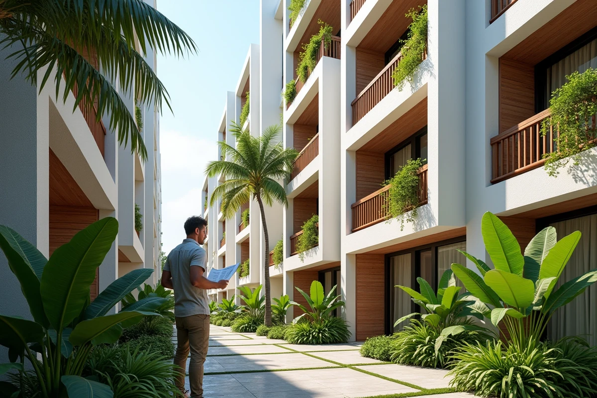 Façade d'un immeuble en copropriété moderne à Chiang Mai avec un acheteur étranger consultant des plans