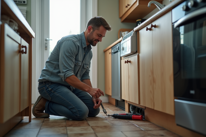 Homme inspectant un tuyau qui fuit dans la cuisine