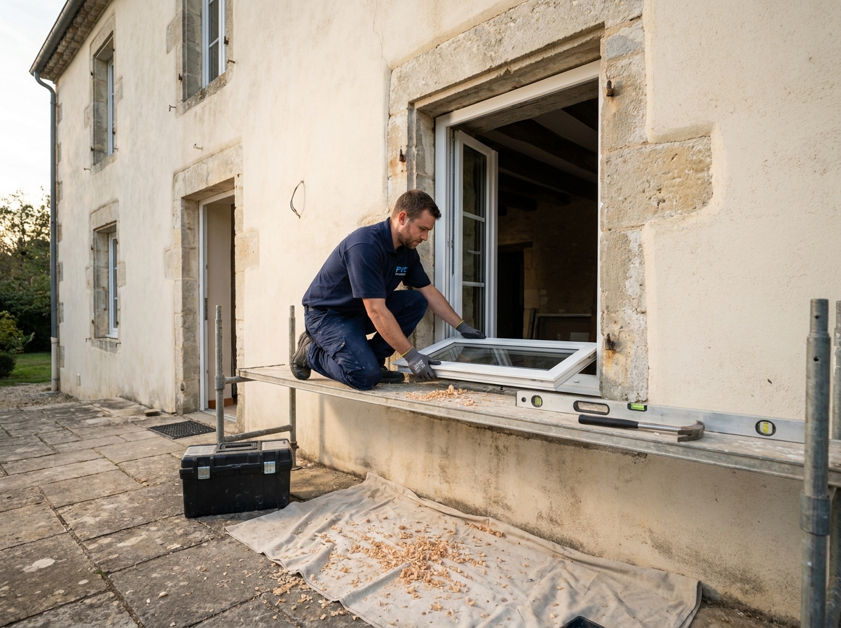 Poseur professionnel installant une nouvelle fenêtre en PVC sur la façade d'une maison ancienne
