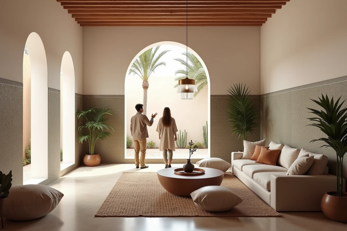 Intérieur d'appartement moderne à Marrakech avec décoration marocaine contemporaine lors d'une visite immobilière