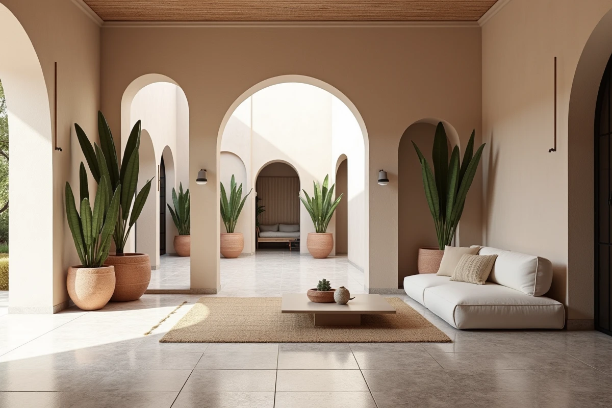 Intérieur d'un appartement moderne de style riad à Marrakech avec zellige et patio