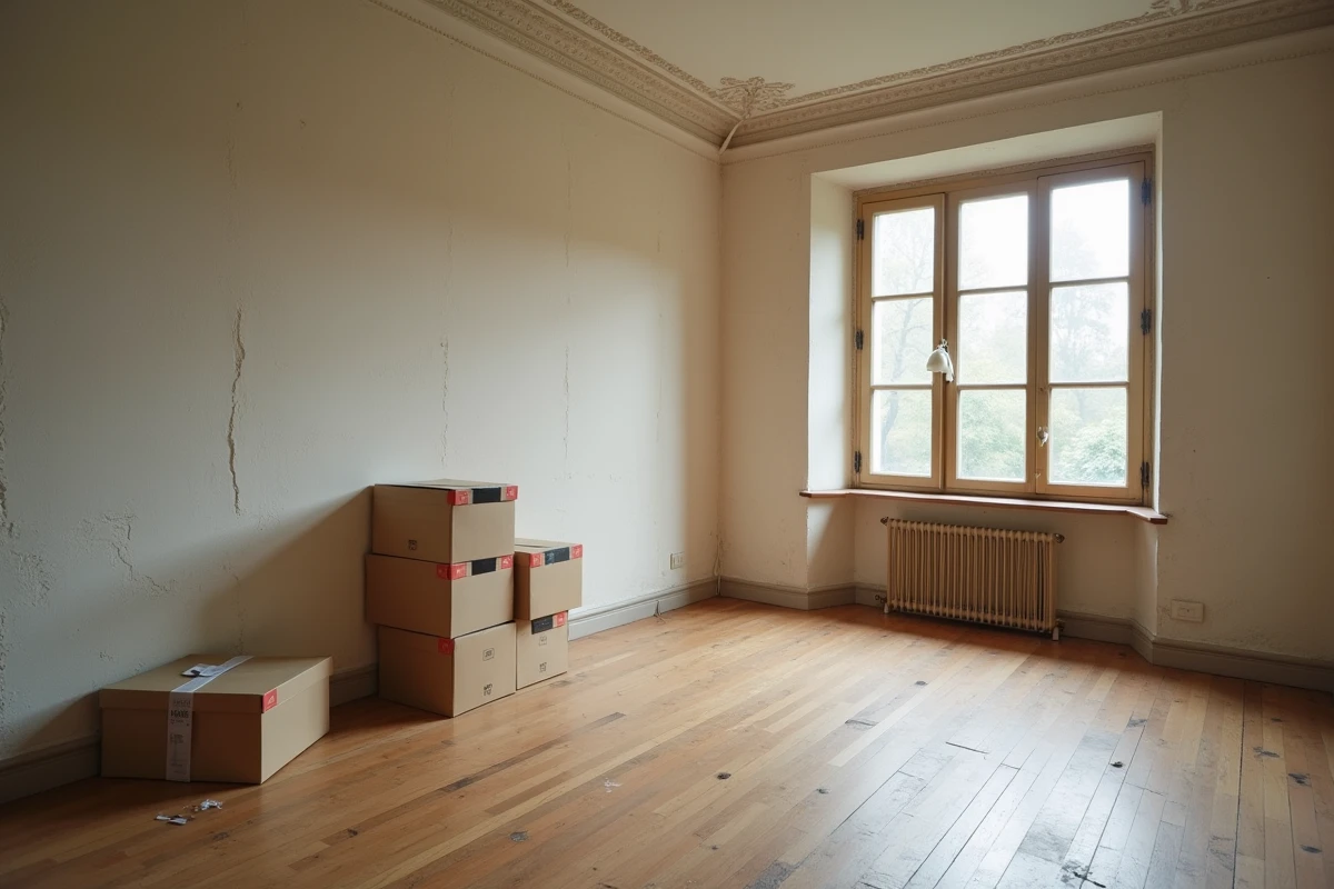 Intérieur vide d'une maison en vente urgente pendant un divorce en Moselle avec cartons de déménagement