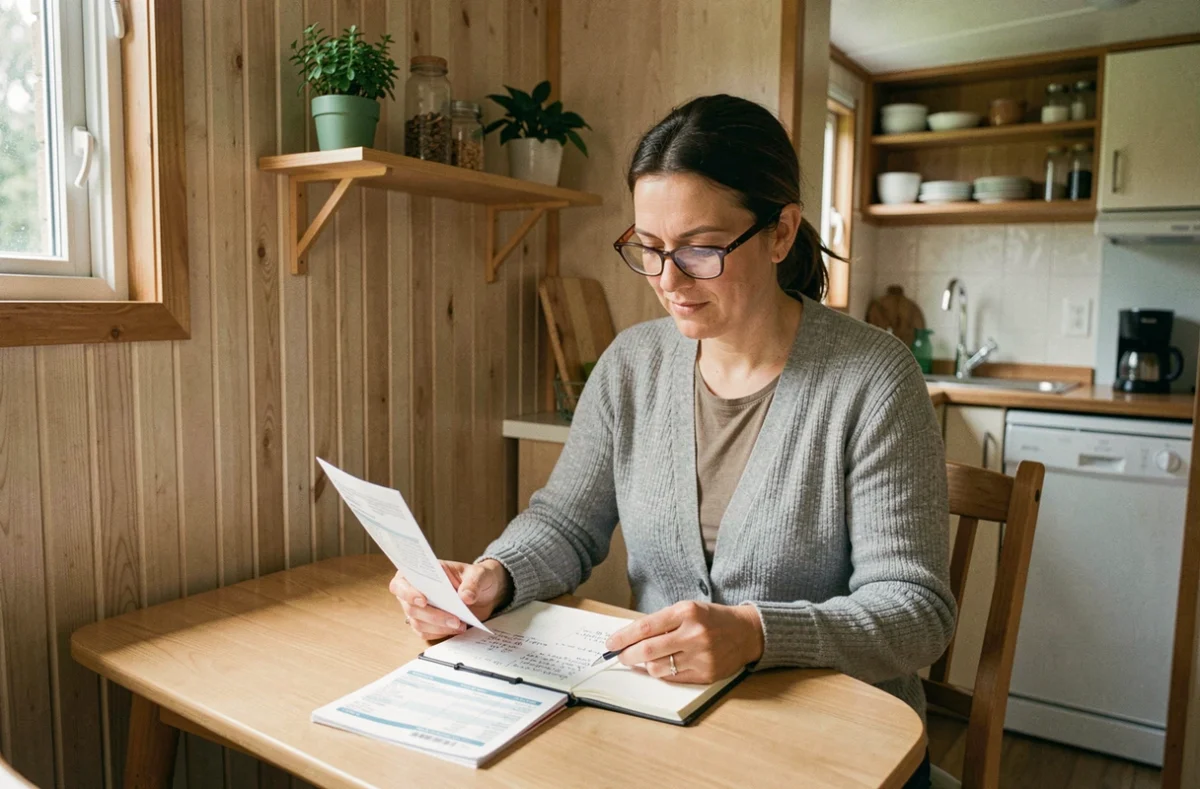 Femme calculant ses charges budgétaires à l'intérieur d'un mobil-home bien aménagé avec cuisine ouverte en arrière-plan