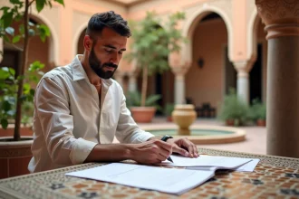 Investisseur immobilier consultant des documents d'achat dans un riad traditionnel de Marrakech avec décor en zellige