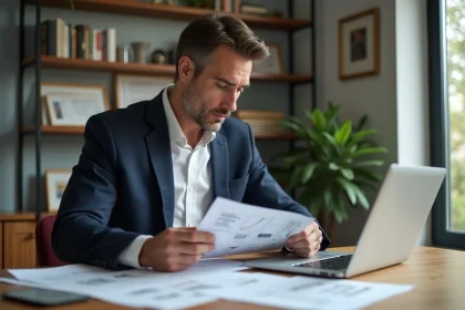 Investisseur immobilier locatif consultant un portail d'investissement sur ordinateur portable dans un bureau moderne