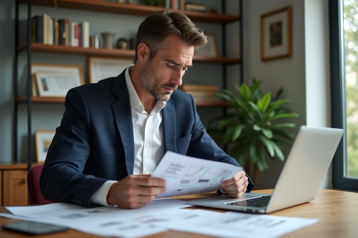 Investisseur immobilier locatif consultant un portail d'investissement sur ordinateur portable dans un bureau moderne