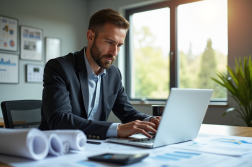 Investisseur immobilier analysant des graphiques de rendement locatif dans un bureau lumineux